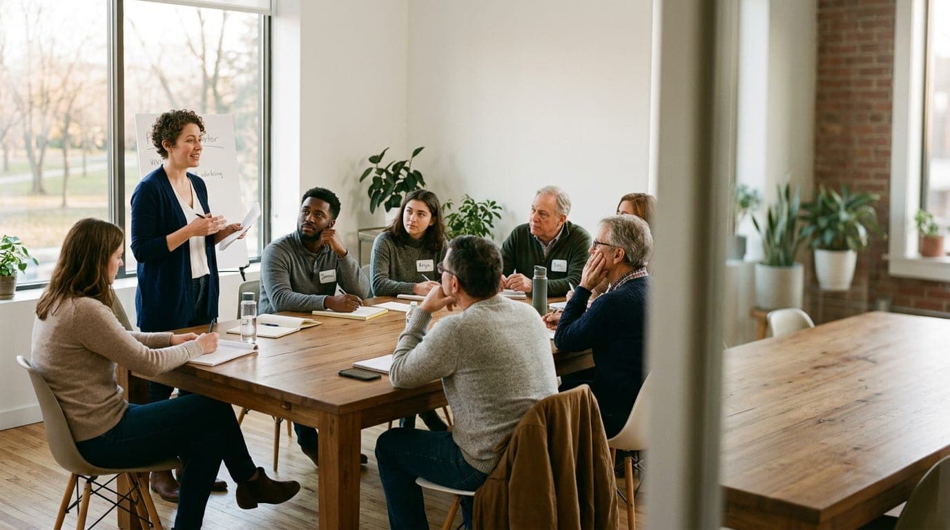 People sitting around a table during an interactive training session, with natural daylight illuminating the space.